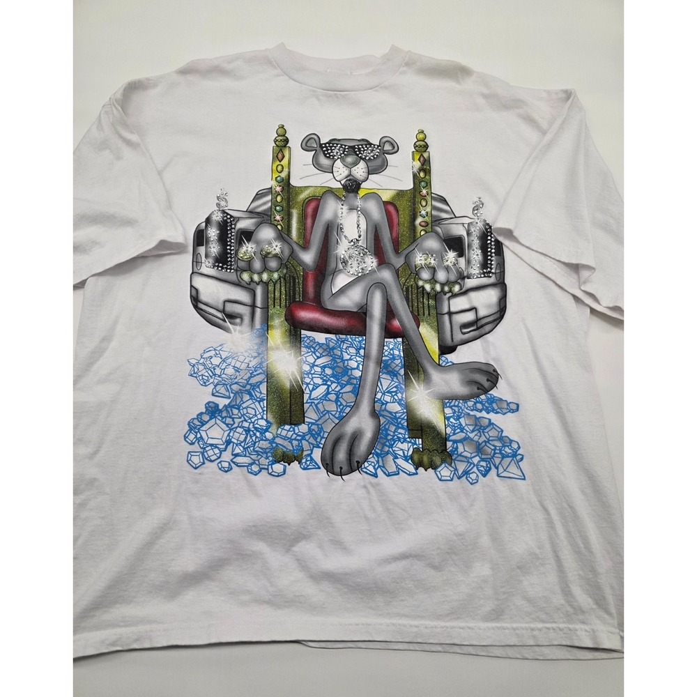 Vtg Pink Panther Y2K Rap Bling Rhinestone Rap T-Shirt White - 3XL